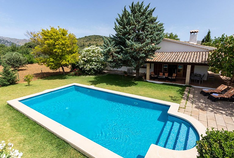Blick auf den Pool im Garten vor dem Haus