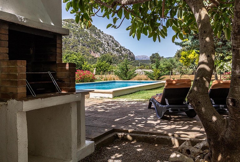 Gemauerter Grill im Schatten neben dem Poolbreeich