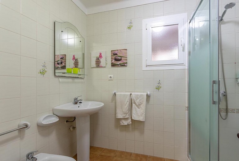 Dusche im Bad mit Waschbecken und WC
