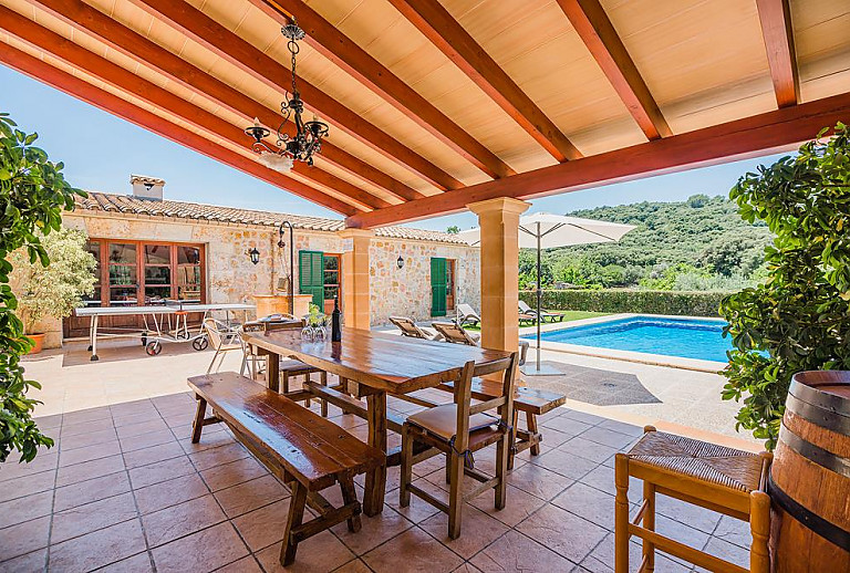 Außenbereich mit überdachter Terrasse und Schwimmbecken