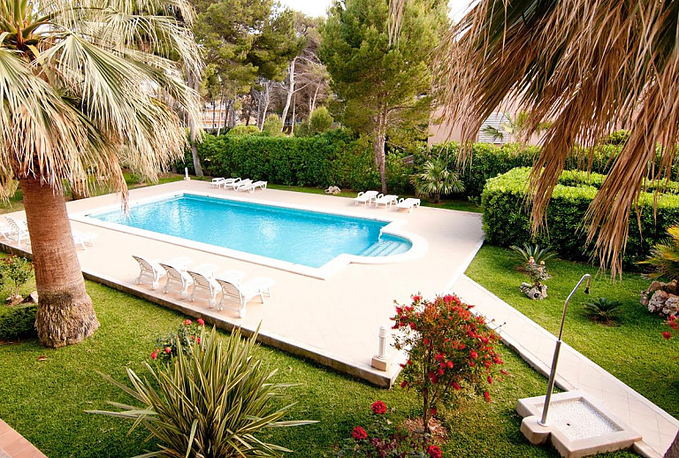 Ferienwohnungen mit Pool Sonnenliegen und Bäumen