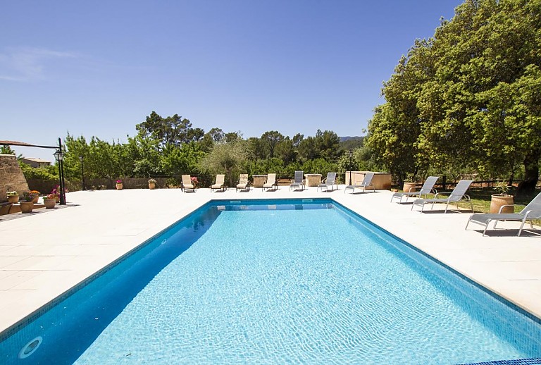 Poolbereich mit Bäumen vor der Finca