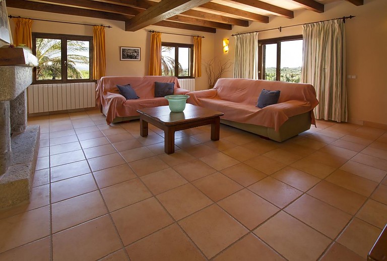 Wohnraum mit Kamin Sofas und Couchtisch