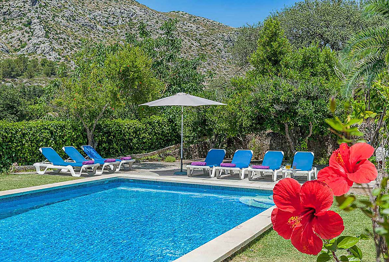 Pool mit Sonnenschirm und Poolliegen
