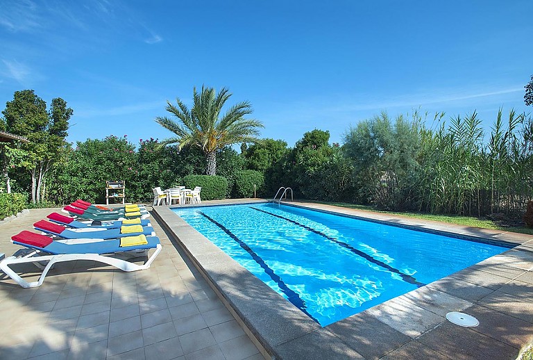 Poolbereich mit Sonnenliegen am Schwimmbecken