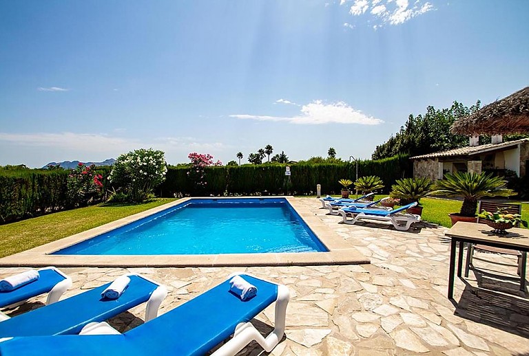 Poolbereich mit Liegen und Rasen