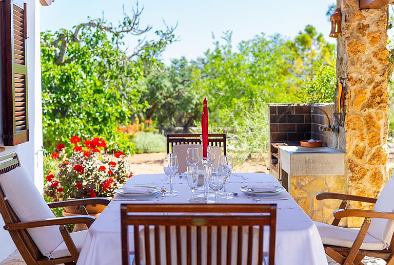 Terrasse mit Esstisch und Vordach