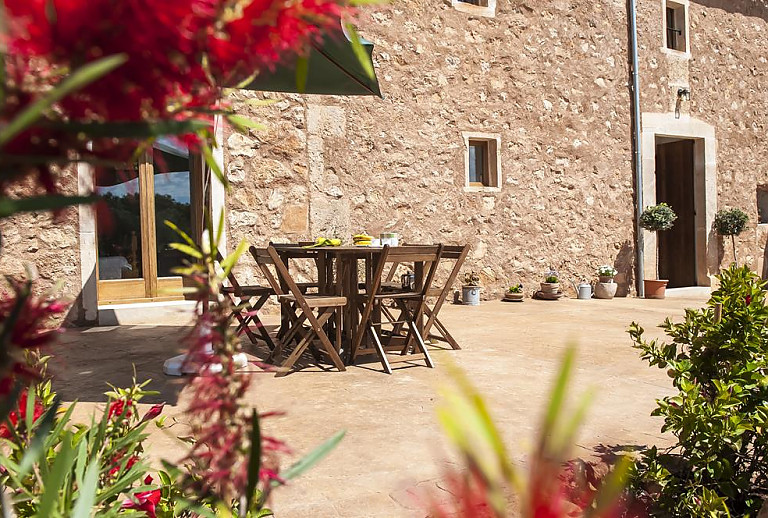 Blumen auf der Terrasse mit Esstisch