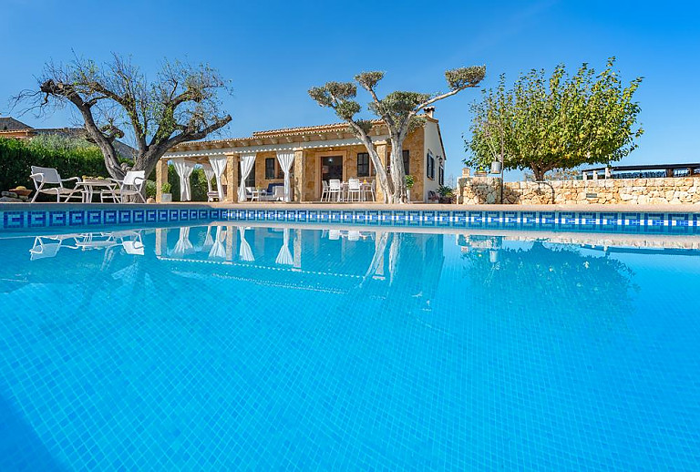 Pool vor der Finca mit Bäumen