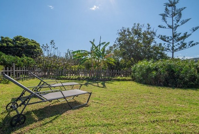 Garten mit Rasen und Sonnenliegen