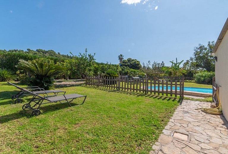 Rasen am Pool mit Sonnenliegen