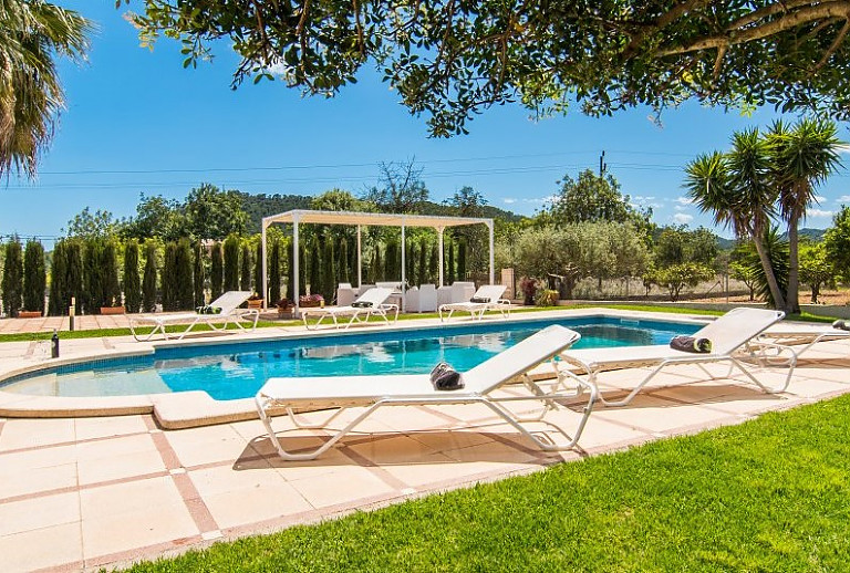 Sonnenliegen und Überdachung am Pool