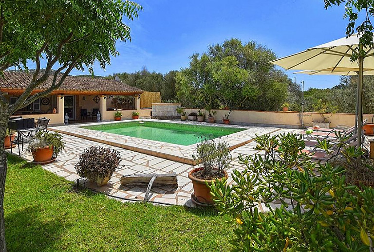 Rasen und Bäume am Pool vor der Finca