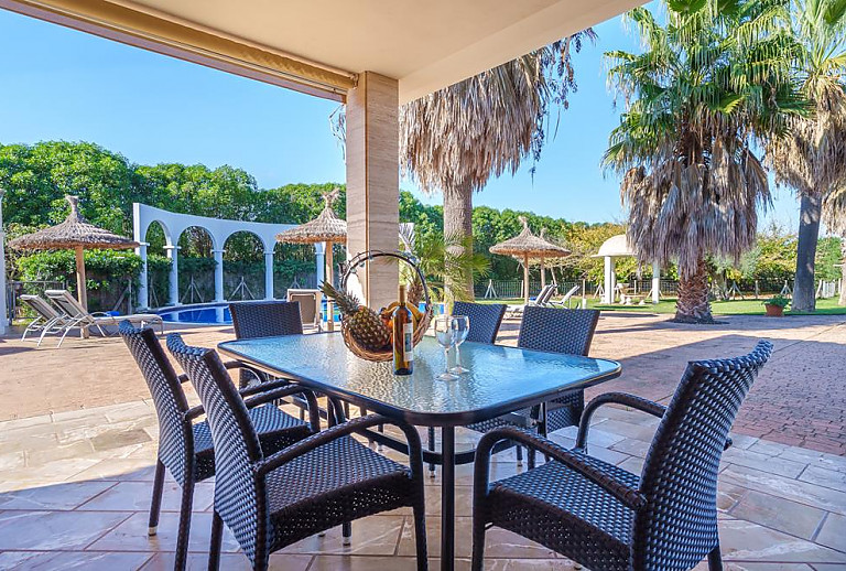 Terrasse mit Vordach und Esstisch