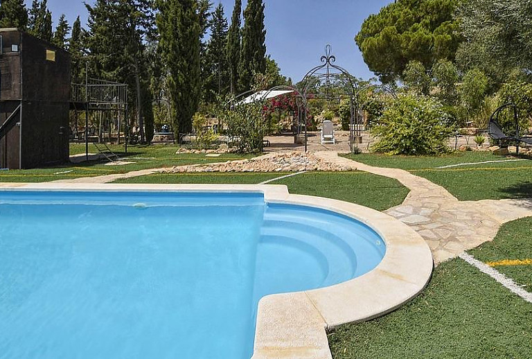 Gartenmöbel auf dem Rasen am Pool