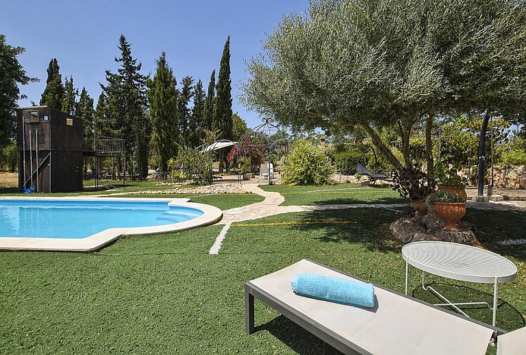 Sonnenliegen unterm Baum am Pool