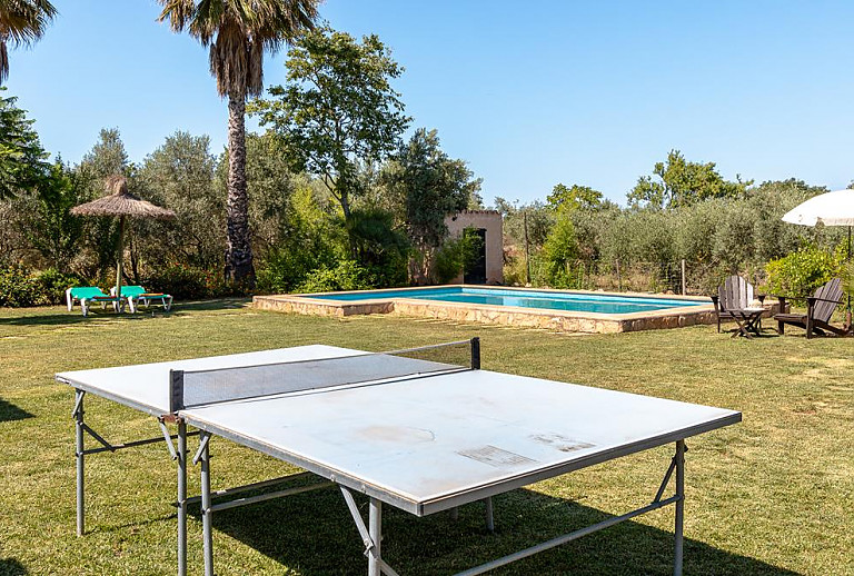 Tischtennisplatte auf dem Rasen am Pool