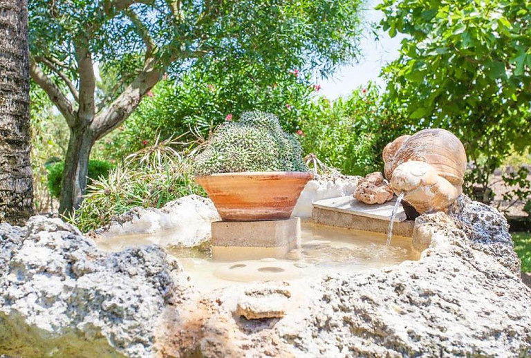 Brunnen im Garten mit Pflanzen