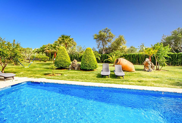 Garten mit Rasen und Pflanzen am Pool