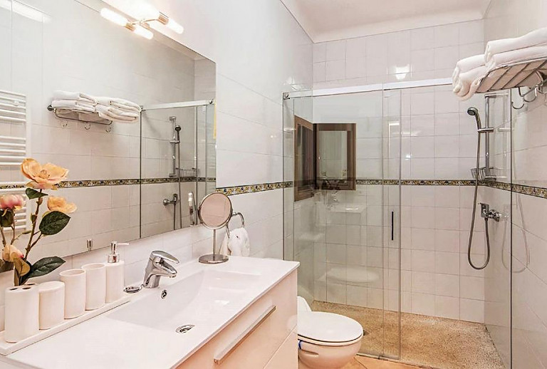 Badezimmer mit Dusche und Waschbecken