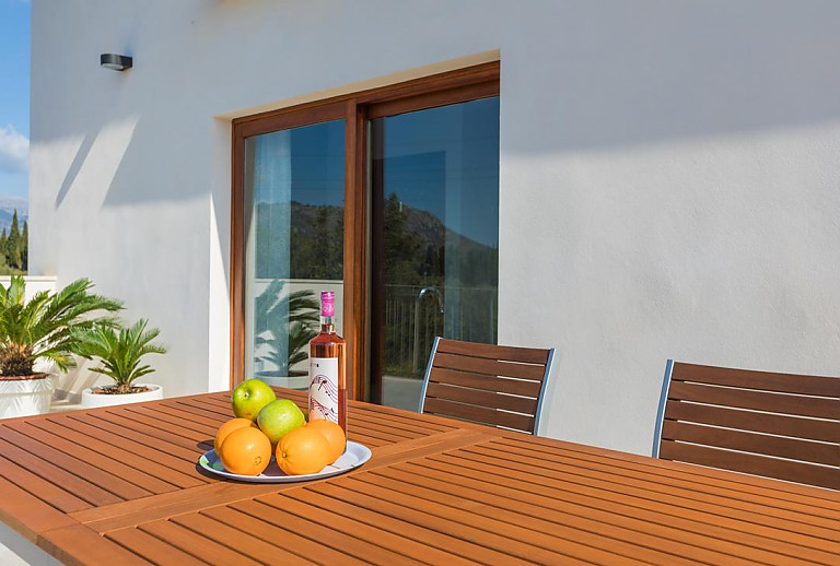 Esstisch und Topfpflanzen auf der Terrasse