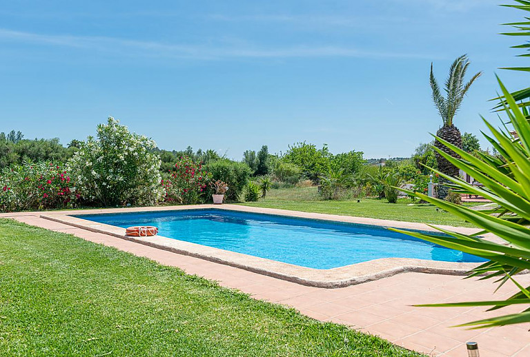 Poolbereich mit Rasen und Büschen