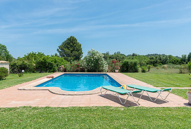 Sonnenliegen am Pool im Garten