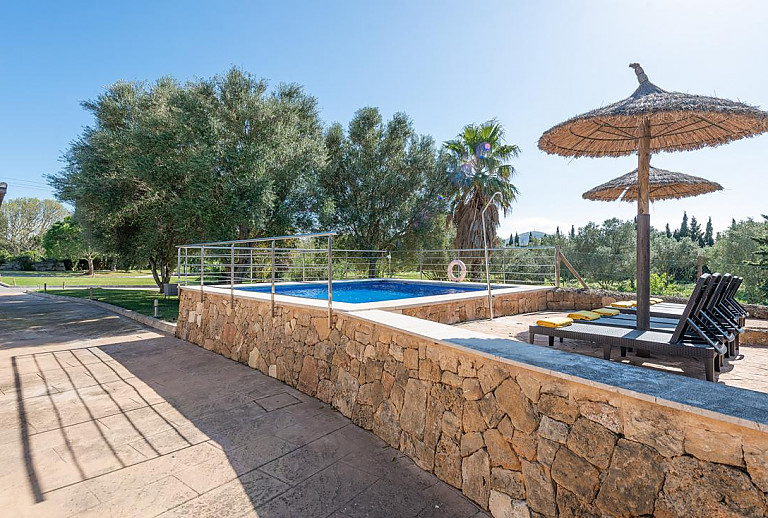 Rasen und Bäume vor der Finca